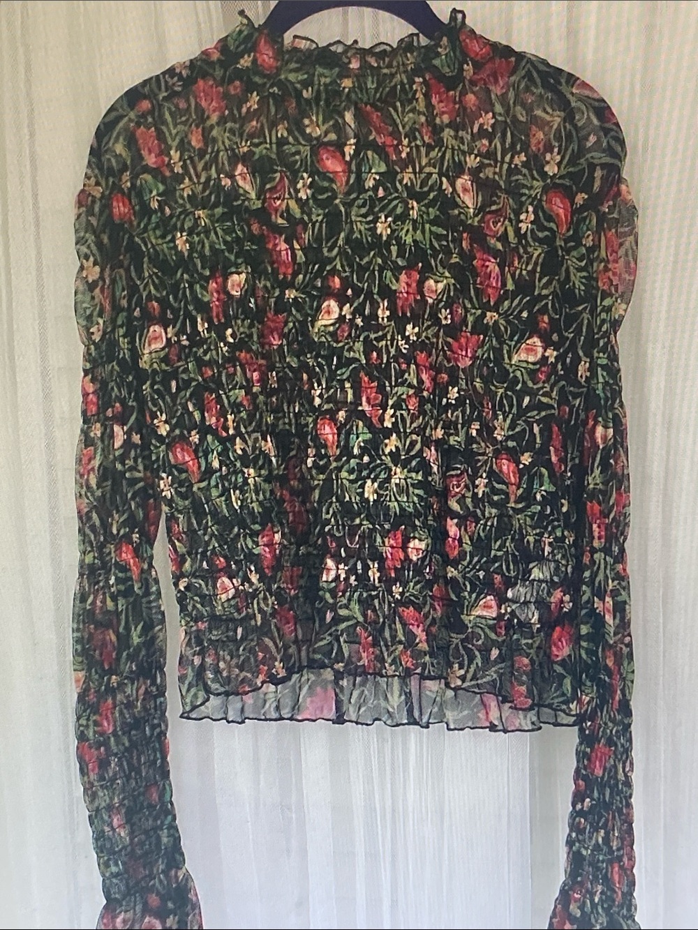 Free People Green Floral Smocked Sheer Blouse with Pink Accents